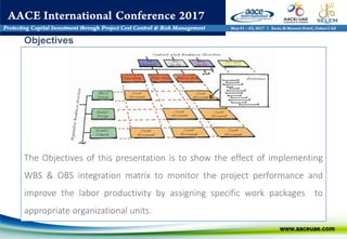 The Objectives of this presentation is to show the effect of implementing
WBS & OBS integration matrix to monitor the project performance and
improve the labor productivity by assigning specific work packages to
appropriate organizational units.
Objectives
 