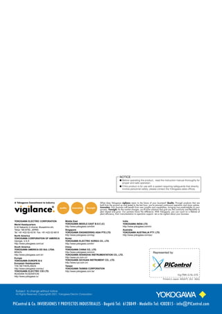 NOTICE
                                                                                      q Before operating the product, read the instruction manual thoroughly for
                                                                                        proper and safe operation.
                                                                                      q If this product is for use with a system requiring safeguards that directly
                                                                                        involve personnel safety, please contact the Yokogawa sales offices.




YOKOGAWA ELECTRIC CORPORATION               Middle East                               India
World Headquarters                          YOKOGAWA MIDDLE EAST B.S.C.(C)            YOKOGAWA INDIA LTD.
9-32 Nakacho 2-chome, Musashino-shi,        http://www.yokogawa.com/bh/               http://www.yokogawa.com/in/
Tokyo 180-8750, JAPAN                       Singapore                                 Australia
Tel: +81-422-52-6316 Fax: +81-422-52-6619   YOKOGAWA ENGINEERING ASIA PTE.LTD.        YOKOGAWA AUSTRALIA PTY. LTD.
North America                               http://www.yokogawa.com/sg/               http://www.yokogawa.com/au/
YOKOGAWA CORPORATION OF AMERICA             Korea
Georgia, U.S.A                              YOKOGAWA ELECTRIC KOREA CO., LTD.
http://www.yokogawa.com/us/                 http://www.yokogawa.com/kr/
South America                               China
YOKOGAWA AMERICA DO SUL LTDA.               YOKOGAWA CHINA CO., LTD.
BRAZIL                                      http://www.yokogawa.com/cn/                                           Represented         by:
http://www.yokogawa.com.br/                 YOKOGAWA SHANGHAI INSTRUMENTATION CO., LTD.
Europe                                      http://www.ysi.com.cn/
YOKOGAWA EUROPE B.V.                        YOKOGAWA SICHUAN INSTRUMENT CO., LTD.
European Headquarters                       http://www.cys.com.cn/
THE NETHERLANDS                             Taiwan
http://www.yokogawa.com/eu/                 YOKOGAWA TAIWAN CORPORATION
YOKOGAWA ELECTRIC CIS LTD.                  http://www.yokogawa.com.tw/
RUSSIAN FEDERATION                                                                                                                           Vig-PMK-G·NL-07E
http://www.yokogawa.ru/
                                                                                                                               Printed in Japan, 805(KP) [Ed : 06/b]




 Subject to change without notice.
 All Rights Reserved, Copyright© 2001, Yokogawa Electric Corporation.



PIControl & Co. INVERSIONES Y PROYECTOS INDUSTRIALES - Bogotá Tel: 6128849 - Medellín Tel: 4302815 - info@PIControl.com
 