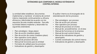 ESTÁNDARES QUE COMPONEN EL MODELO ESTÁNDAR DE
CONTROL INTERNO.
La entidad debe establecer, documentar,
implementar y mantener el sistema de control
interno mejorando continuamente su eficacia,
eficiencia y efectividad de acuerdo con los
requisitos de este modelo estándar. Para ello
la entidad deberá implantar y desarrollar los
siguientes estándares:
• Plan estratégico (largo plazo)
• Plan de acción (mediano plazo)
• Plan de acción de costos (mediano plazo)
• Plan operativo (corto plazo)
• Manual de procesos del área
• Manual de funciones para la entidad
• Formatos de calidad para los procesos
• Indicadores de gestión y desempeño
El auditor interno es el encargado de la
estandarización de los procesos:
• Plan estratégico por proceso
• Plan de acción por proceso
• Plan operativo por proceso
• Manual de procesos en el área
• Manual de procedimientos en el área
• Manual de funciones en la empresa
• Manual de eval control interno
• Manual de indicadores de gestión y
desempeño
• Comité coordinador de control interno
• Indicadores de gestión y desempeño
 