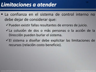 Limitaciones a atender
18
 La confianza en el sistema de control interno no
debe dejar de considerar que:
Pueden existir fallas resultantes de errores de juicio.
La colusión de dos o más personas o la acción de la
Dirección pueden burlar el sistema.
El sistema a diseñar debe explicitar las limitaciones de
recursos (relación costo beneficio).
 
