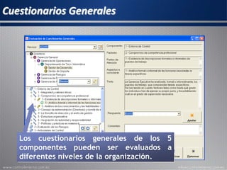 Cuestionarios Generales
Los cuestionarios generales de los 5
componentes pueden ser evaluados a
diferentes niveles de la organización.
 