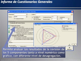 Informe de Cuestionarios Generales
Permite evaluar los resultados de la revisión de
los 5 componentes tanto a nivel numérico como
gráfico, con diferente nivel de desagregación.
 