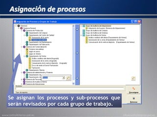 Asignación de procesos
Se asignan los procesos y sub-procesos que
serán revisados por cada grupo de trabajo.
 