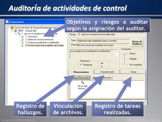 Auditoría de actividades de control
Registro de
hallazgos.
Vinculación
de archivos.
Registro de tareas
realizadas.
Objetivos y riesgos a auditar
según la asignación del auditor.
 