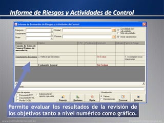 Informe de Riesgos y Actividades de Control
Permite evaluar los resultados de la revisión de
los objetivos tanto a nivel numérico como gráfico.
 
