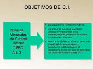 OBJETIVOS DE C.I.OBJETIVOS DE C.I.
NormasNormas
GeneralesGenerales
de Controlde Control
InternoInterno
(1997)(1997)
Art. 3Art. 3
NormasNormas
GeneralesGenerales
de Controlde Control
InternoInterno
(1997)(1997)
Art. 3Art. 3
• Salvaguardar el Patrimonio Público.
• Garantizar la exactitud, cabalidad,
veracidad y oportunidad de la
información presupuestaria, financiera,
administrativa y técnica.
• Procurar la eficiencia, eficacia, economía
y legalidad de los procesos y
operaciones institucionales y el
acatamiento de las políticas establecidas
por las máximas autoridades (AC).
• Salvaguardar el Patrimonio Público.
• Garantizar la exactitud, cabalidad,
veracidad y oportunidad de la
información presupuestaria, financiera,
administrativa y técnica.
• Procurar la eficiencia, eficacia, economía
y legalidad de los procesos y
operaciones institucionales y el
acatamiento de las políticas establecidas
por las máximas autoridades (AC).
 