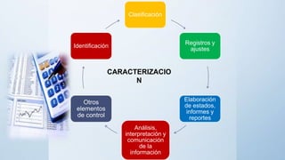 Clasificación
Registros y
ajustes
Elaboración
de estados,
informes y
reportes
Análisis,
interpretación y
comunicación
de la
información
Otros
elementos
de control
Identificación
CARACTERIZACIO
N
 