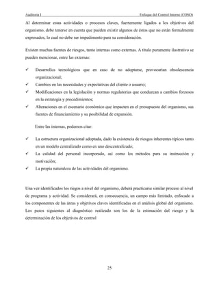Auditoria I Enfoque del Control Interno (COSO)
25
Al determinar estas actividades o procesos claves, fuertemente ligados a los objetivos del
organismo, debe tenerse en cuenta que pueden existir algunos de éstos que no están formalmente
expresados, lo cual no debe ser impedimento para su consideración.
Existen muchas fuentes de riesgos, tanto internas como externas. A título puramente ilustrativo se
pueden mencionar, entre las externas:
Desarrollos tecnológicos que en caso de no adoptarse, provocarían obsolescencia
organizacional;
Cambios en las necesidades y expectativas del cliente o usuario;
Modificaciones en la legislación y normas regulatorias que conduzcan a cambios forzosos
en la estrategia y procedimientos;
Alteraciones en el escenario económico que impacten en el presupuesto del organismo, sus
fuentes de financiamiento y su posibilidad de expansión.
Entre las internas, podemos citar:
La estructura organizacional adoptada, dado la existencia de riesgos inherentes típicos tanto
en un modelo centralizado como en uno descentralizado;
La calidad del personal incorporado, así como los métodos para su instrucción y
motivación;
La propia naturaleza de las actividades del organismo.
Una vez identificados los riegos a nivel del organismo, deberá practicarse similar proceso al nivel
de programa y actividad. Se considerará, en consecuencia, un campo más limitado, enfocado a
los componentes de las áreas y objetivos claves identificadas en el análisis global del organismo.
Los pasos siguientes al diagnóstico realizado son los de la estimación del riesgo y la
determinación de los objetivos de control
 