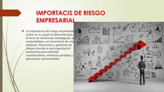 IMPORTACIS DE RIESGO
EMPRESARIAL
 La importancia del riesgo empresarial
radica en su papel fundamental para
la toma de decisiones estratégicas, la
sostenibilidad y el crecimiento de una
empresa. Reconocer y gestionar los
riesgos permite a una organización
prepararse para enfrentar
incertidumbres, minimizar pérdidas y
aprovechar oportunidades
 