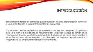 INTRODUCCIÓN
Básicamente todos los cambios que se realizan en una organización someten
a una gran tensión a los controles internos existentes.
Cuando un auditor profesional se somete a auditar una empresa, lo primero
que se le viene a la cabeza es mejorar todos los procesos que se llevan en la
misma para buscar la eficiencia total. Este trabajo no se hace de la noche a
la mañana; para ello se empieza, ya bien sea por áreas o departamentos o
mejor dicho se empieza a trabajar internamente.
 