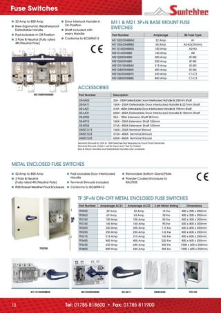 Tel: 01785 818600 • Fax: 01785 81190012
● 32 Amp to 800 Amp
● New Ergonomic Weatherproof
Defeatable Handle
● Pad lockable in Off Position
● 3 Pole & Neutral (Fully rated
4th/Neutral Pole)
● Door Interlock Handle in
On Position
● Shaft included with
every Handle
● Conforms to IEC60947-3
Part Number Amperage BS Fuse Type
M1100323NBBA0 32 Amp A1
M1100633NBBB0 63 Amp A2-A3(25mm)
M1101003NBB00 100 Amp A2-A3
M2101603NSB0 160 Amp A4
M2102003NSB0 200 Amp B1-B2
M2102503NSB0 250 Amp B1-B2
M2103153NSB40 315 Amp B1-B3
M2104003NSB50 400 Amp B1-B4
M2106303NSB70 630 Amp C1-C2
M2108003NSB80 800 Amp C1-C3
M11 & M21 3P+N BASE MOUNT FUSE
SWITCHES
Part Number Description
DS-SA02 32A - 100A Defeatable Door Interlocked Handle & 250mm Shaft
DS-SA11 160A - 250A Defeatable Door Interlocked Handle & 227mm Shaft
DS-LA21 315A - 400A Defeatable Door Interlocked Handle & 195mm Shaft
DS-LA31 630A - 800A Defeatable Door Interlocked Handle & 186mm Shaft
DS-EP05 32A - 100A Extension Shaft 387mm
DS-EP15 160A - 250A Extension Shaft 536mm
DS-EP24 315A - 800A Extension Shaft 535mm
DM2CU13 160A - 250A Terminal Shroud
DM2CU23 315A - 400A Terminal Shroud
DM2CU33 630A - 800A Terminal Shroud
Terminal Shrouds for 32A to 100A Switches Not Required as Touch Proof Terminals
Terminal Shrouds, Order 1 set for Input and 1 Set for Output
Red & Yellow Handles and Defeatable Handles also available
ACCESSORIES
● 32 Amp to 800 Amp
● 3 Pole & Neutral
(Fully rated 4th/Neutral Pole)
● IP65 Robust Weather Proof Enclosure
● Pad lockable Door Interlocked
Handle
● Terminal Shrouds Included
● Conforms to IEC60947-3
● Removable Bottom Gland Plate
● Powder Coated Enclosure to
RAL7035
METAL ENCLOSED FUSE SWITCHES
M1101003NBB00 M2102503NSB0 DS-SA11 DM2CU23 TF0100
Part Number Amperage AC21 Amperage AC23 3 pH Motor Rating Dimensions
TF0032 32 Amp 32 Amp 15 Kw 400 x 300 x 200mm
TF0063 63 Amp 63 Amp 30 Kw 400 x 300 x 200mm
TF0100 100 Amp 100 Amp 55 Kw 400 x 300 x 200mm
TF0160 160 Amp 160 Amp 90 Kw 600 x 400 x 200mm
TF0200 200 Amp 200 Amp 110 Kw 600 x 400 x 200mm
TF0250 250 Amp 250 Amp 132 Kw 800 x 600 x 250mm
TF0315 315 Amp 315 Amp 160 Kw 800 x 600 x 250mm
TF0400 400 Amp 400 Amp 220 Kw 800 x 600 x 250mm
TF0630 630 Amp 630 Amp 355 Kw 1000 x 600 x 250mm
TF0800 800 Amp 630 Amp 355 Kw 1000 x 600 x 250mm
TF 3P+N ON-OFF METAL ENCLOSED FUSE SWITCHES
TF0250
M2108003NSB80
Fuse Switches
_70682 C&I_issue5_v6.indd 12_70682 C&I_issue5_v6.indd 12 03/09/2012 15:1903/09/2012 15:19
 