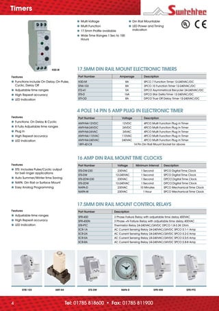 Tel: 01785 818600 • Fax: 01785 8119004
Part Number Description
SPR-400 3 Phase Failure Relay with adjustable time delay 400VAC
SPR-400N 3 Phase +N Failure Relay with adjustable time delay 400VAC
STR-PTC Thermistor Relay 24-240VAC/24VDC DPCO 1.8-3.3K Ohm
SCR-1A AC Current Sensing Relay 24-240VAC/24VDC SPCO 0.1-1 Amp
SCR-2A AC Current Sensing Relay 24-240VAC/24VDC SPCO 0.2-2 Amp
SCR-5A AC Current Sensing Relay 24-240VAC/24VDC SPCO 0.5-5 Amp
SCR-8A AC Current Sensing Relay 24-240VAC/24VDC SPCO 0.8-8 Amp
Part Number Amperage Description
H3D-M 8A SPCO 7 Function Timer 12-240VAC/DC
STM-103 8A 3PCO 10 Function Timer 12-240VAC/DC
ET2-41 5A DPCO Asymmetrical Recycler 24-240VAC/DC
STS-D 16A DPCO Star Delta Timer 12-240VAC/DC
STT-OD 8A DPCO True Off Delay Timer 12-240VAC/DC
17.5MM DIN RAIL MOUNT ELECTRONIC TIMERS
17.5MM DIN RAIL MOUNT CONTROL RELAYS
Part Number Voltage Description
AMY-N4-12VDC 12VDC 4PCO Multi Function Plug in Timer
AMY-N4-24VDC 24VDC 4PCO Multi Function Plug in Timer
AMY-N4-24VAC 24VAC 4PCO Multi Function Plug in Timer
AMY-N4-110VAC 110VAC 4PCO Multi Function Plug in Timer
AMY-N4-240VAC 240VAC 4PCO Multi Function Plug in Timer
18FF-4Z-C8 14 Pin Din Rail Mount Socket for above
4 POLE 14 PIN 5 AMP PLUG IN ELECTRONIC TIMER
Part Number Voltage Minimum Interval Description
STS-DW-230 230VAC 1 Second SPCO Digital Time Clock
STS-DW 12-240VAC 1 Second SPCO Digital Time Clock
STS-2DW-230 230VAC 1 Second DPCO Digital Time Clock
STS-2DW 12-240VAC 1 Second DPCO Digital Time Clock
NAPA-D 230VAC 10 Minutes SPCO Mechanical Time Clock
NAPA-W 230VAC 1 Hour SPCO Mechanical Time Clock
16 AMP DIN RAIL MOUNT TIME CLOCKS
Features
● Functions include On Delay, On Pulse,
Cyclic, Delay Off
● Adjustable time ranges
● High Repeat accuracy
● LED Indication
Features
● Functions: On Delay & Cyclic
● 8 Fully Adjustable time ranges
● Plug In
● High Repeat accuracy
● LED Indication
Features
● STS: Includes Pulse/Cyclic output
for bell ringer applications
● Auto Summer/Winter time Saving.
● NAPA: Din Rail or Surface Mount
● Easy Analog Programming
Features
● Adjustable time ranges
● High Repeat accuracy
● LED Indication
● Multi Voltage
● Multi Function
● 17.5mm Proﬁle available
● Wide Time Ranges 1 Sec to 100
Hours
● Din Rail Mountable
● LED Power and Timing
indication
STM-103 AMY-N4 STS-DW NAPA-D SPR-400 SPR-PTC
H3D-M
Timers
_70682 C&I_issue5_v6.indd 4_70682 C&I_issue5_v6.indd 4 03/09/2012 15:1603/09/2012 15:16
 
