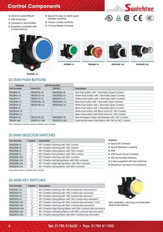 Tel: 01785 818600 • Fax: 01785 8119008
Opaque LED Illuminated
Part Number 24VACDC 230VAC Description
PB22BFR-1B PB22IF7RL-1B PB22IF2RL-1B Red Push button with 1 Normally Closed Contact
PB22BFG-1A PB22IF7GL-1A PB22IF2GL-1A Green Push button with 1 Normally Open Contact
PB22BFY-1A PB22IF7YL-1A PB22IF2YL-1A Yellow Push button with 1 Normally Open Contact
PB22BFBL-1A PB22IF7BLL-1A PB22IF2BLL-1A Blue Push button with 1 Normally Open Contact
PB22BFW-1A PB22IF7WL-1A PB22IF2WL-1A White Push button with 1 Normally Open Contact
PB22BFB-1A - - Black Push button with 1 Normally Open Contact
PB22BFWA-1A - - White Push button with Black Arrow & 1 NO Contact
PB22BFBA-1A - - Black Push button with White Arrow & 1 NO Contact
PB22BKR-1B PB22IK7RL-1B PB22IK2RL-1B Red Emergency Stop Twist Release with 1 NC Contact
PB22BT-1AB PB22IT7YL-1AB PB22IT2YL-1AB Dual Red & Green Push Button with 1NO & 1NC Contact
Other voltages & Latching versions available upon request
22.5MM PUSH BUTTONS
Part Number Position Description
PB22SS2B-1A 90º 2 Position latching with 1NO contact
PB22SS9B-1A 45º 2 Position latching with 1NO contact
PB22SS3B-1A 90º 2 Position Spring Return with 1NO contact
PB22SS8B-1A 45º 2 Position Spring Return with 1NO contact
PB22SS4B-1AA 45º 3 Position latching with 2NO contacts
PB22SS6B-1AA 45º 3 Position Left Spring Return with 2NO contacts
PB22SS5B-1AA 45º 3 Position Right Spring Return with 2NO contacts
PB22SS7B-1AA 45º 3 Position Spring Return with 2NO contacts
Long Leaver version available upon request
22.5MM SELECTOR SWITCHES
Part Number Position Description
PB22KS21-1A 90º 2 Position latching with 1NO contact Key removal 0 & 1
PB22KS22-1A 90º 2 Position latching with 1NO contact Key removal 0
PB22KS23-1A 90º 2 Position latching with 1NO contact Key removal 1
PB22KS32-1A 90º 2 Position Spring Return with 1NO contact Key removal 0
PB22KS44-1AA 45º 3 Position latching with 2NO contacts Key removal 1, 0 & 2
PB22KS45-1AA 45º 3 Position latching with 2NO contacts Key removal 0
PB22KS-55-1AA 45º 3 Position Right Spring Return with 2NO contacts Key removal 0
PB22KS65-1AA 45º 3 Position Left Spring Return with 2NO contacts Key removal 0
PB22KS75-1AA 45º 3 Position Spring Return with 2NO contacts Key removal 0
22.5MM KEY SWITCHES
Features
● Quick Fit Contacts
● Quick Release Coupling
● IP65
● IP20 Touch Proof Contacts
● LED Illuminated Versions
● 2 Keys supplied with Key Switches
● Maximum Number of Contacts 8
Also available, Latching and Extended
Head Push Buttons.
PB22BFG-1A PB22BKR-1B PB22SS4B-1AA PB22KS65-1AA
● 22.5mm panel Mount
● IP65 Protection
● Opaque or Illuminated
● Supplied complete with
Contact Blocks
● Quick Fit, easy to install quick
release coupling
● Colour coded contacts
● 10 Amp Rated Contacts
PB22BFBL-1A
Control Components
_70682 C&I_issue5_v6.indd 8_70682 C&I_issue5_v6.indd 8 03/09/2012 15:1803/09/2012 15:18
 