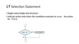 if Selection Statement
• Single-entry/single-exit structure
• Indicate action only when the condition evaluates to true. No action
for false
grade >= 60
true
false
print “Passed”
 