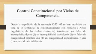 Control Constitucional por Vicios de
Competencia.
Desde la expedición de la sentencia C-551-03 se han proferido un
total de 13 sentencias de constitucionalidad con respecto a Actos
Legislativos, de las cuales: cuatro (4) terminaron en fallos de
inexequibilidad; una (1) en inexequibilidad parcial; seis (6) en fallos de
exequibilidad simples; una (1) en exequibilidad condicionada y una
(1) en providencia inhibitoria.
 
