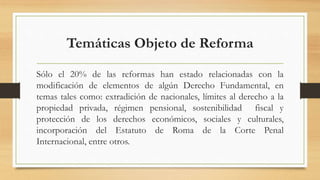 Temáticas Objeto de Reforma
Sólo el 20% de las reformas han estado relacionadas con la
modificación de elementos de algún Derecho Fundamental, en
temas tales como: extradición de nacionales, límites al derecho a la
propiedad privada, régimen pensional, sostenibilidad fiscal y
protección de los derechos económicos, sociales y culturales,
incorporación del Estatuto de Roma de la Corte Penal
Internacional, entre otros.
 
