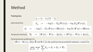 Method
Training loss
adversarial loss
Temporal continuity
Facial landmark prediction Lk:
 