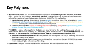Key Polymers
• Hypromellose (HPMC E5) is a controlled release polymer of the semi-synthetic cellulose derivative
class. Used in the fabrication of hydrophilic matrices. plays a crucial role in the coating of extended-
release formulations. Several advantages that make it ideal for this application:
• Controlled drug release: Hypromellose forms a gel layer around the core of the tablet when it comes
into contact with fluids in the gastrointestinal tract. This gel layer controls the rate at which the drug is
released, allowing for a controlled and extended-release profile.
• Tailored release profiles: Lower viscosity grades release the drug faster, while higher viscosity grades
provide a slower and more prolonged release.
• PEG 6000 is a water-soluble polymer that acts as a pore former in the coating of extended-release
formulations. It functions primarily as a plasticizer, which means it helps to improve the flexibility and
elasticity of the coating film. The key roles of PEG 6000 in extended-release formulations:
• Improves film flexibility and elasticity: This prevents the coating from cracking or breaking, which could
lead to premature drug release.
• Controls drug release: By affecting the permeability of the coating(Pore former), PEG 6000 can play a
role in modulating the release rate of the drug.
• Copovidone is a highly suitable matrix former in controlled release tablets and a tablet binder.
 