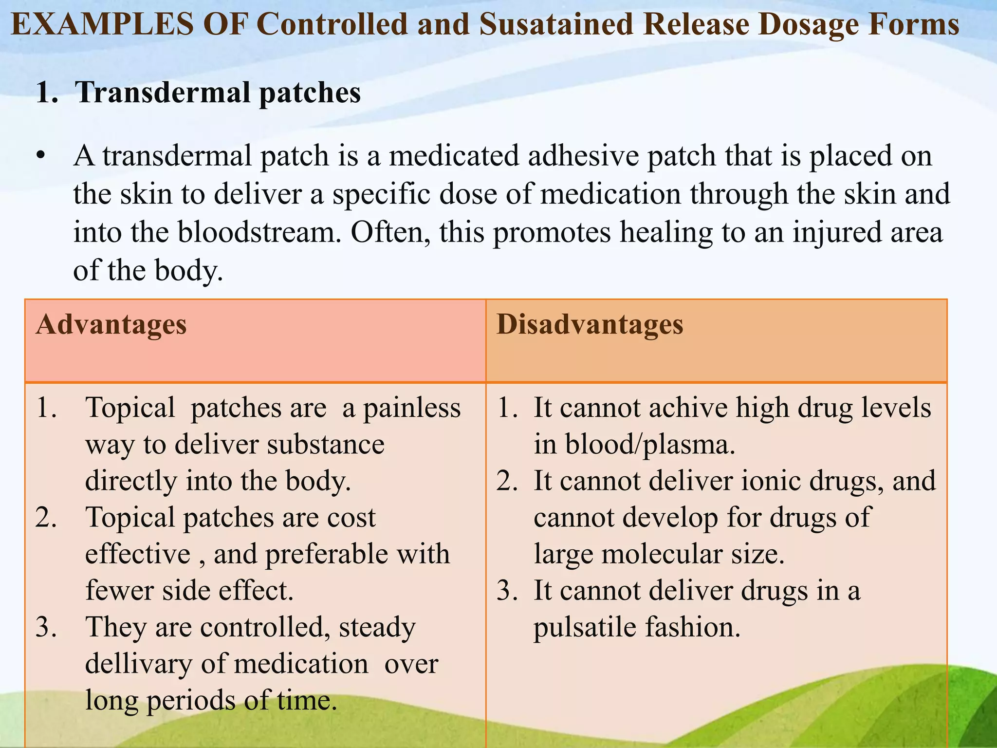 EXAMPLES OF Controlled and Susatained Release Dosage Forms
1. Transdermal patches
• A transdermal patch is a medicated adhesive patch that is placed on
the skin to deliver a specific dose of medication through the skin and
into the bloodstream. Often, this promotes healing to an injured area
of the body.
Advantages Disadvantages
1. Topical patches are a painless
way to deliver substance
directly into the body.
2. Topical patches are cost
effective , and preferable with
fewer side effect.
3. They are controlled, steady
dellivary of medication over
long periods of time.
1. It cannot achive high drug levels
in blood/plasma.
2. It cannot deliver ionic drugs, and
cannot develop for drugs of
large molecular size.
3. It cannot deliver drugs in a
pulsatile fashion.
 