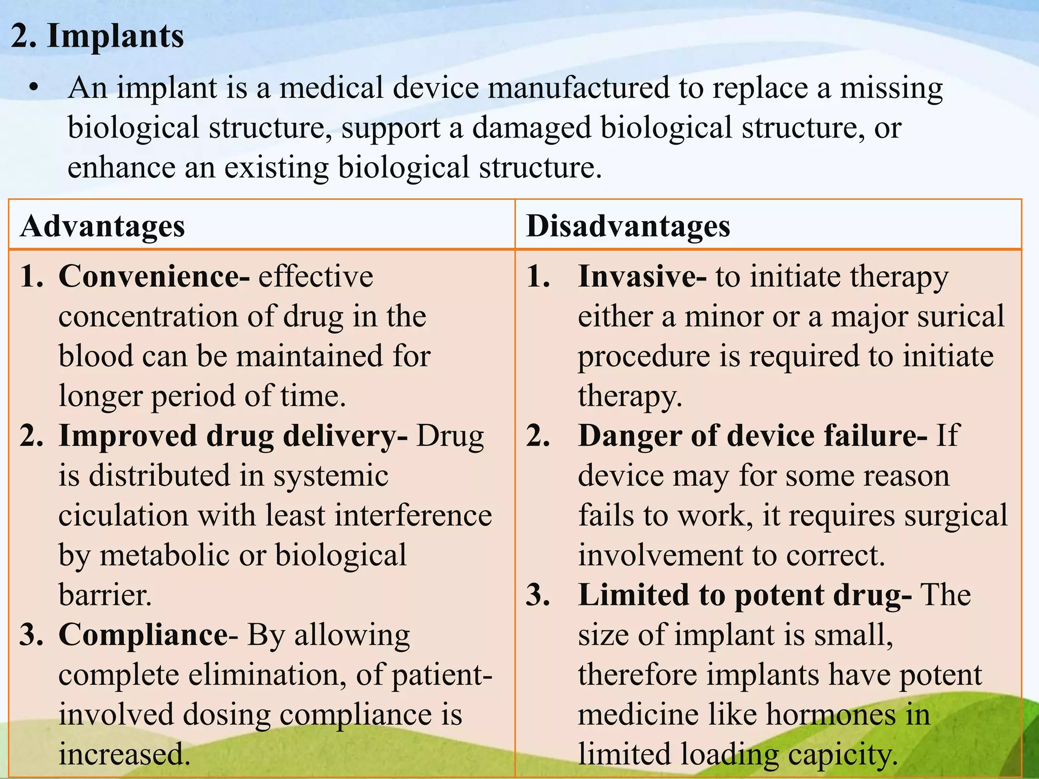 2. Implants
• An implant is a medical device manufactured to replace a missing
biological structure, support a damaged biological structure, or
enhance an existing biological structure.
Advantages Disadvantages
1. Convenience- effective
concentration of drug in the
blood can be maintained for
longer period of time.
2. Improved drug delivery- Drug
is distributed in systemic
ciculation with least interference
by metabolic or biological
barrier.
3. Compliance- By allowing
complete elimination, of patient-
involved dosing compliance is
increased.
1. Invasive- to initiate therapy
either a minor or a major surical
procedure is required to initiate
therapy.
2. Danger of device failure- If
device may for some reason
fails to work, it requires surgical
involvement to correct.
3. Limited to potent drug- The
size of implant is small,
therefore implants have potent
medicine like hormones in
limited loading capicity.
 