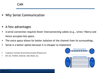 Slide No 17
CAN
 Why Serial Communication
 A few advantages
 A serial connection requires fewer interconnecting cables (e.g., wires/ fibers) and
hence occupies less space.
 The extra space allows for better isolation of the channel from its surroundings.
 Serial is a better option because it is cheaper to implement
 In general, Common Serial Communication Protocol are:
 SPI, I2C, FireWire, Ethernet, USB, RS232, etc.
 