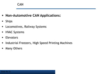 Slide No 31
CAN
 Non-Automotive CAN Applications:
 Ships
 Locomotives, Railway Systems
 HVAC Systems
 Elevators
 Industrial Freezers, High Speed Printing Machines
 Many Others
 