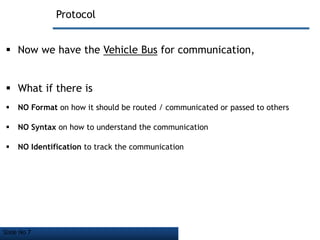 Slide No 7
Protocol
 Now we have the Vehicle Bus for communication,
 What if there is
 NO Format on how it should be routed / communicated or passed to others
 NO Syntax on how to understand the communication
 NO Identification to track the communication
 