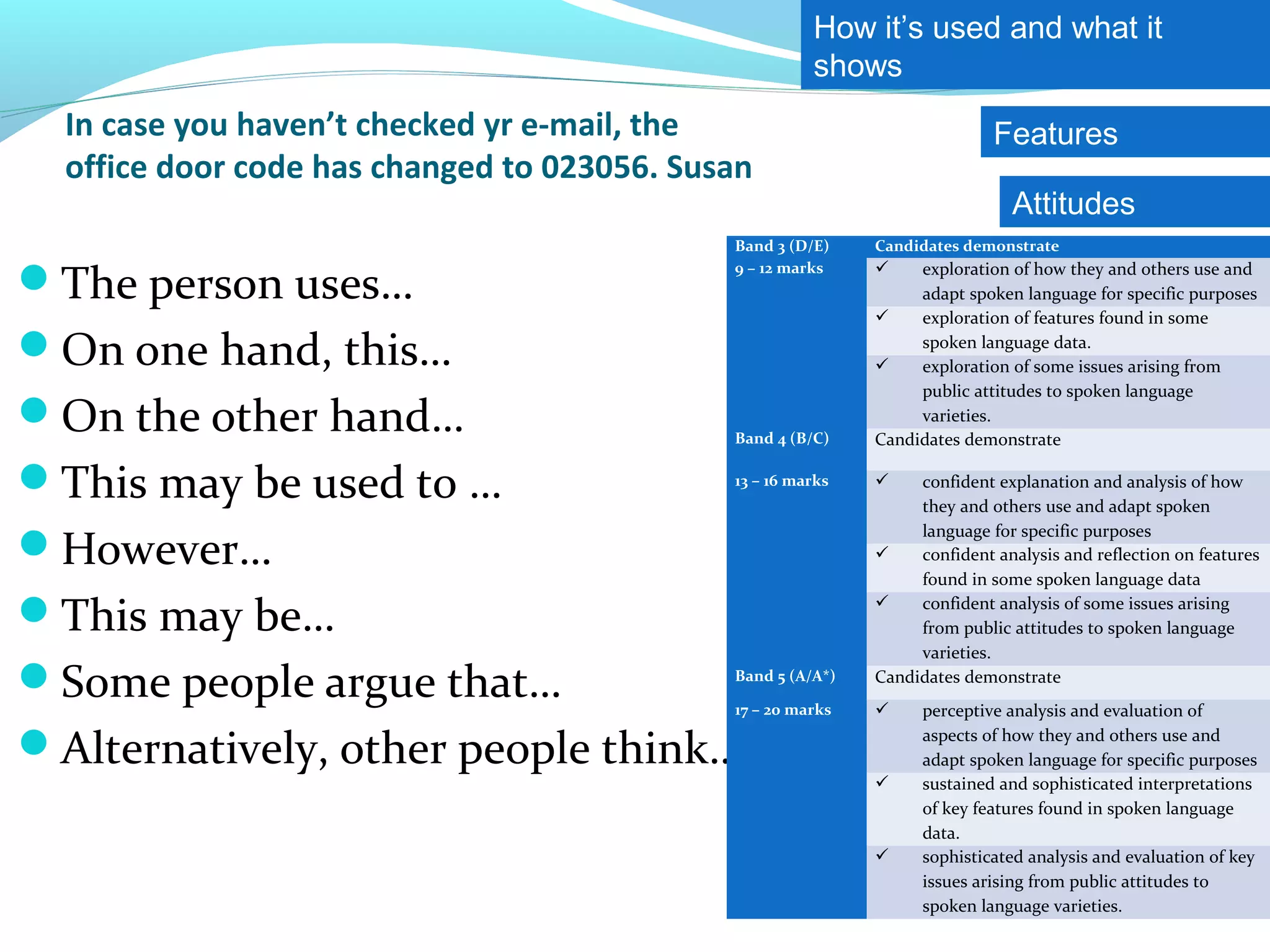 How it’s used and what it
                                                       shows
  In case you haven’t checked yr e-mail, the                                Features
  office door code has changed to 023056. Susan
                                                                              Attitudes
                                             Band 3 (D/E)    Candidates demonstrate

The person uses…                            9 – 12 marks        exploration of how they and others use and
                                                                  adapt spoken language for specific purposes
                                                                 exploration of features found in some

On one hand, this…                                          
                                                                  spoken language data.
                                                                  exploration of some issues arising from
                                                                  public attitudes to spoken language
On the other hand…                          Band 4 (B/C)
                                                                  varieties.
                                                             Candidates demonstrate

This may be used to …                       13 – 16 marks       confident explanation and analysis of how
                                                                  they and others use and adapt spoken
                                                                  language for specific purposes
However…                                                        confident analysis and reflection on features
                                                                  found in some spoken language data

This may be…                                                    confident analysis of some issues arising
                                                                  from public attitudes to spoken language
                                                                  varieties.
Some people argue that…                     Band 5 (A/A*)   Candidates demonstrate
                                             17 – 20 marks        perceptive analysis and evaluation of

Alternatively, other people think…                                aspects of how they and others use and
                                                                   adapt spoken language for specific purposes
                                                                  sustained and sophisticated interpretations
                                                                   of key features found in spoken language
                                                                   data.
                                                                  sophisticated analysis and evaluation of key
                                                                   issues arising from public attitudes to
                                                                   spoken language varieties.
 
