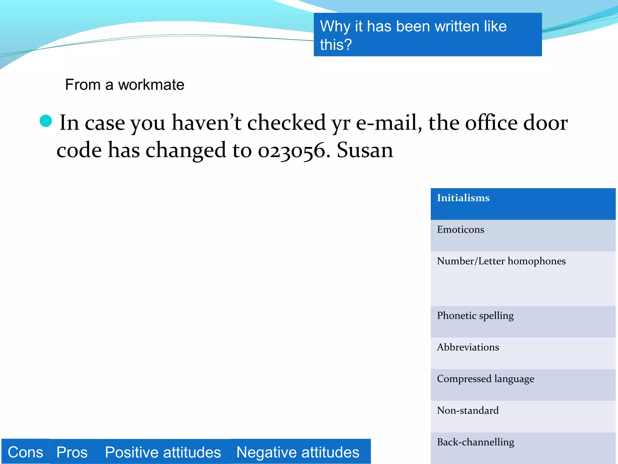 Why it has been written like
                                           this?

      From a workmate

   In case you haven’t checked yr e-mail, the office door
     code has changed to 023056. Susan
                                                            Initialisms


                                                            Emoticons


                                                            Number/Letter homophones




                                                            Phonetic spelling


                                                            Abbreviations


                                                            Compressed language


                                                            Non-standard


                                                            Back-channelling
Cons Pros   Positive attitudes Negative attitudes
 
