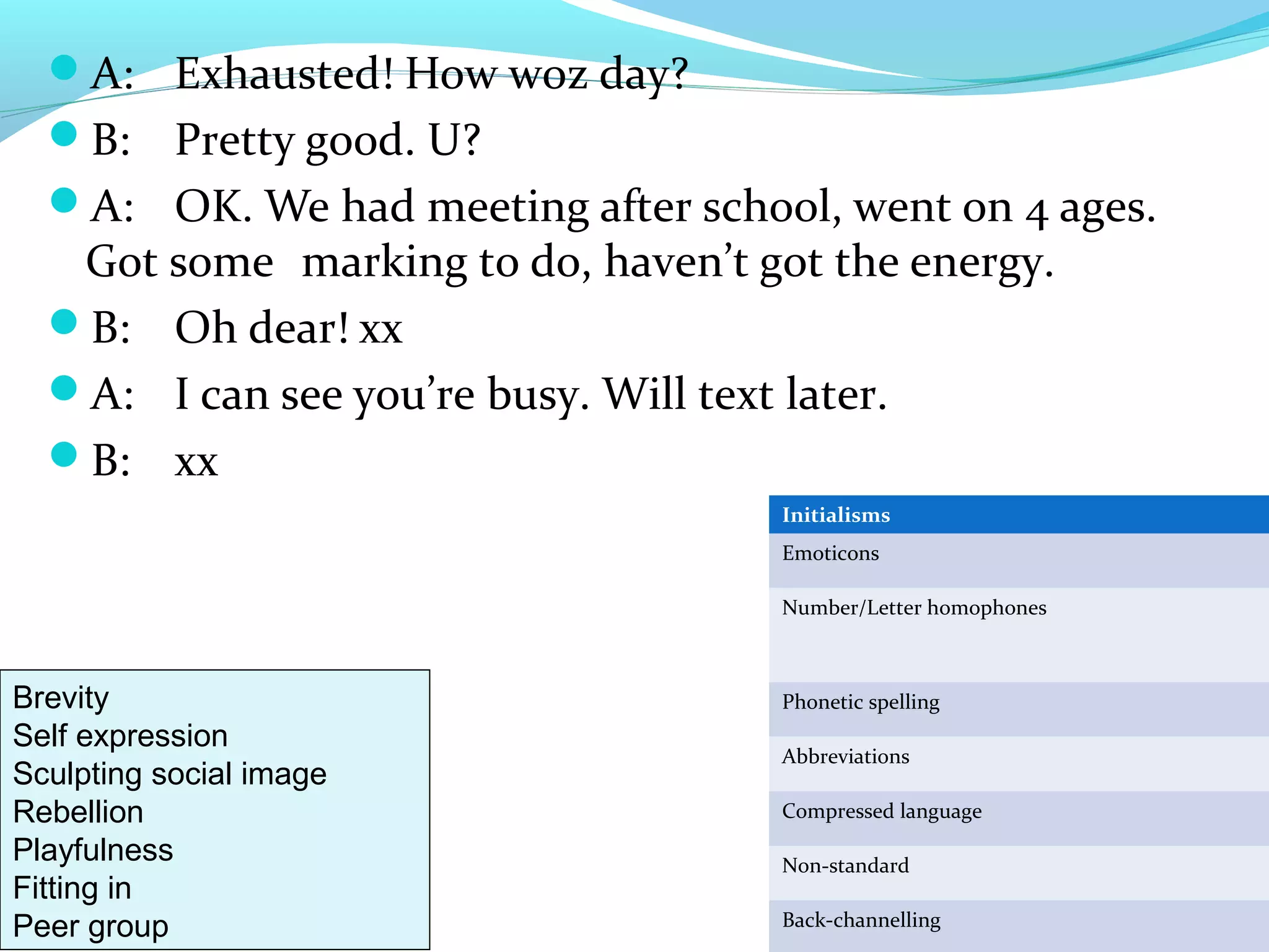 A: Exhausted! How woz day?
  B: Pretty good. U?
  A: OK. We had meeting after school, went on 4 ages.
   Got some marking to do, haven’t got the energy.
  B: Oh dear! xx
  A: I can see you’re busy. Will text later.
  B: xx
                                    Initialisms
                                    Emoticons

                                    Number/Letter homophones



Brevity                             Phonetic spelling
Self expression
                                    Abbreviations
Sculpting social image
Rebellion                           Compressed language

Playfulness                         Non-standard
Fitting in
Peer group                          Back-channelling
 