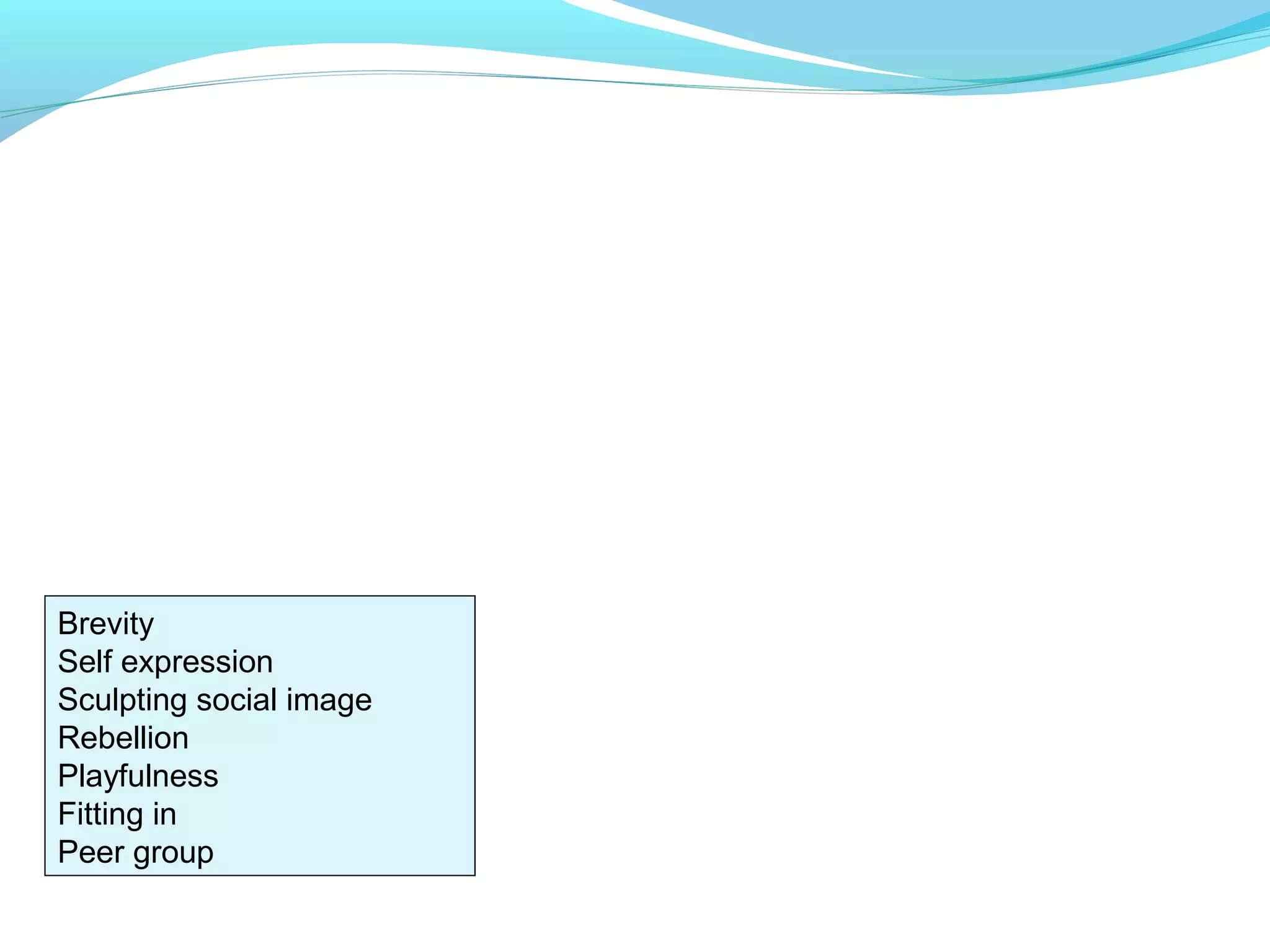 Brevity
Self expression
Sculpting social image
Rebellion
Playfulness
Fitting in
Peer group
 