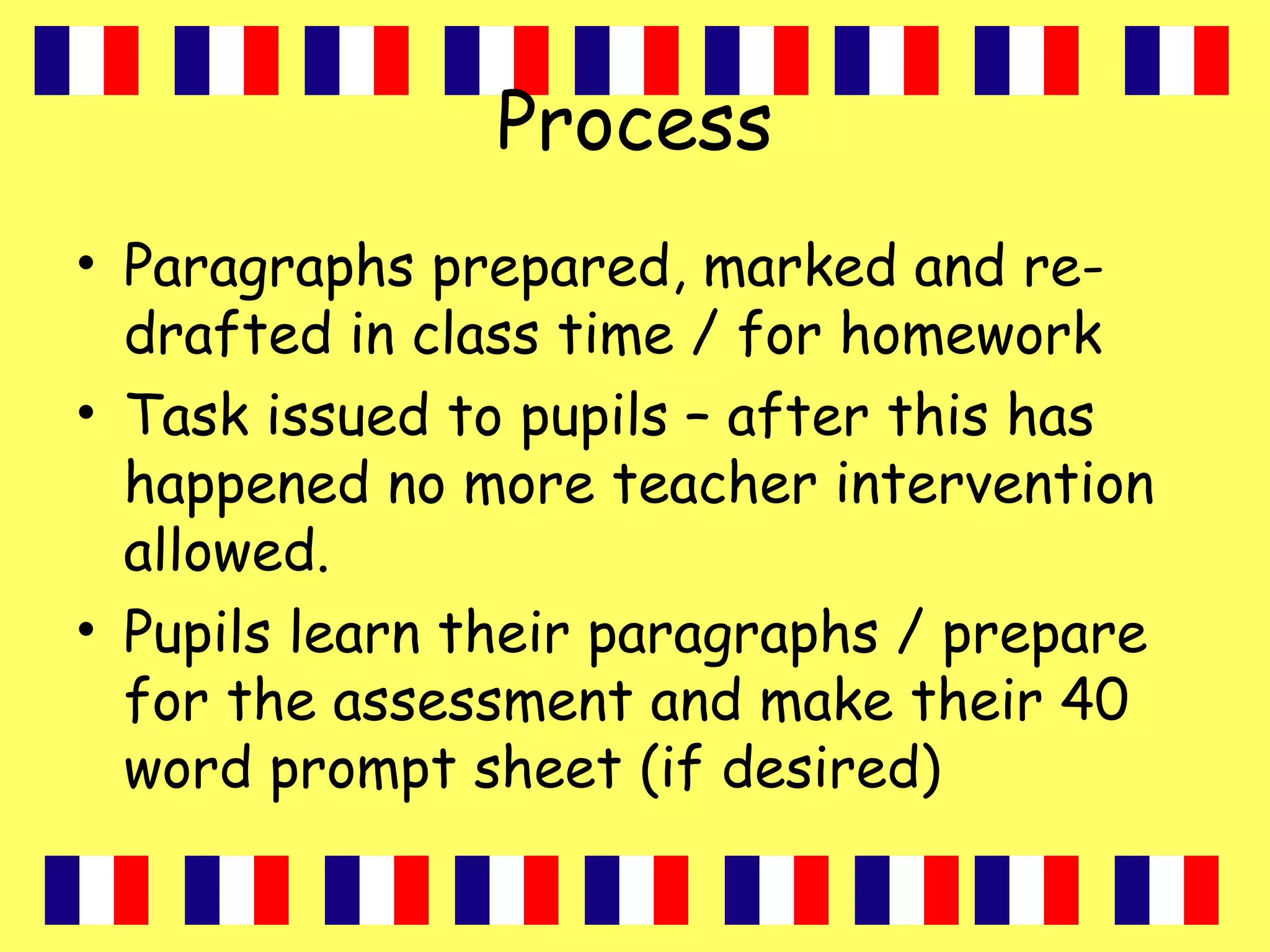 Process
• Paragraphs prepared, marked and re-
drafted in class time / for homework
• Task issued to pupils – after this has
happened no more teacher intervention
allowed.
• Pupils learn their paragraphs / prepare
for the assessment and make their 40
word prompt sheet (if desired)
 