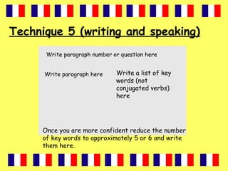 Technique 5 (writing and speaking)
Write paragraph number or question here
Write paragraph here Write a list of key
words (not
conjugated verbs)
here
Once you are more confident reduce the number
of key words to approximately 5 or 6 and write
them here.
 