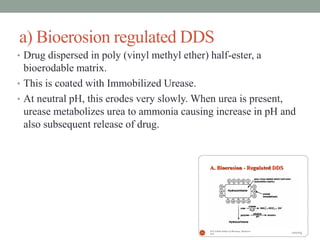 a) Bioerosion regulated DDS
• Drug dispersed in poly (vinyl methyl ether) half-ester, a
bioerodable matrix.
• This is coated with Immobilized Urease.
• At neutral pH, this erodes very slowly. When urea is present,
urease metabolizes urea to ammonia causing increase in pH and
also subsequent release of drug.
 