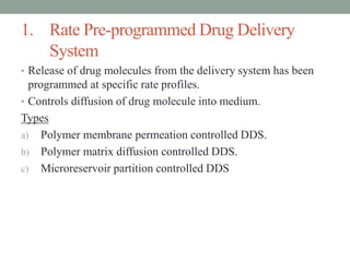 1. Rate Pre-programmed Drug Delivery
System
• Release of drug molecules from the delivery system has been
programmed at specific rate profiles.
• Controls diffusion of drug molecule into medium.
Types
a) Polymer membrane permeation controlled DDS.
b) Polymer matrix diffusion controlled DDS.
c) Microreservoir partition controlled DDS
 