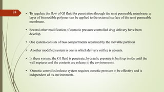 • To regulate the flow of GI fluid for penetration through the semi permeable membrane, a
layer of bioerodible polymer can be applied to the external surface of the semi permeable
membrane.
• Several other modification of osmotic pressure controlled drug delivery have been
develop.
• One system consists of two compartments separated by the movable partition
• Another modified system is one in which delivery orifice is absents.
• In these system, the GI fluid is penetrate, hydraulic pressure is built up inside until the
wall ruptures and the contents are release to the environments.
• Osmotic controlled release system requires osmotic pressure to be effective and is
independent of its environments.
24
 