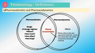 Pharmacokinetics Pharmacodynamics
Design
of dosage regimen
•Where?
•How much?
•How often?
•How long?
Plasma
Concentration
Effects
Plasma refers to the clear
supernatant fluid that results
from blood after the cellular
components have been
removed
2
Pharmacokinetics and Pharmacodynamics
 