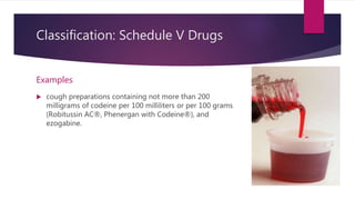 Classification: Schedule V Drugs
Examples
 cough preparations containing not more than 200
milligrams of codeine per 100 milliliters or per 100 grams
(Robitussin AC®, Phenergan with Codeine®), and
ezogabine.
 