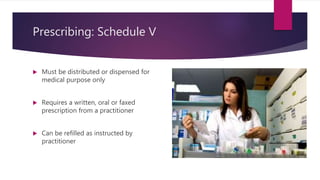 Prescribing: Schedule V
 Must be distributed or dispensed for
medical purpose only
 Requires a written, oral or faxed
prescription from a practitioner
 Can be refilled as instructed by
practitioner
 