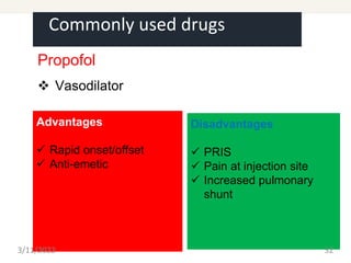 Commonly used drugs
Propofol
 Vasodilator
Advantages
 Rapid onset/offset
 Anti-emetic
Disadvantages
 PRIS
 Pain at injection site
 Increased pulmonary
shunt
3/11/2022 32
 