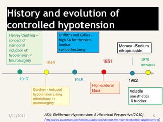 History and evolution of
controlled hypotension
Harvey Cushing –
concept of
intentional
induction of
hypotension in
Neurosurgery
1917
1946
1948
1951
Gardner - induced
hypotension using
arteriotomy in
neurosurgery
High epidural
block
Moraca -Sodium
nitroprusside
1962
Griffiths and Gillies -
high SA for thoraco-
lumbar
sympathectomy
1970
onwards
Volatile
anesthetics
ß blocker
ASA- Deliberate Hypotension: A Historical Perspective(2010)
(http://www.asaabstracts.com/strands/asaabstracts/abstract.htm?year=2010&index=12&absnum=742)
3/11/2022 6
 