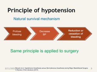 Principle of hypotension
Profuse
bleeding
Decrease
BP
Barack et al. Hypotensive Anesthesia versus Normotensive Anesthesia during Major Maxillofacial Surgery:
A Review of the Literature (2015)
Natural survival mechanism
Reduction or
cessation of
bleeding
Same principle is applied to surgery
3/11/2022 9
 
