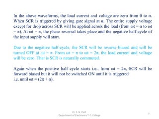 7
In the above waveforms, the load current and voltage are zero from 0 to α.
When SCR is triggered by giving gate signal at α. The entire supply voltage
except for drop across SCR will be applied across the load (from ωt = α to ωt
= π). At ωt = π, the phase reversal takes place and the negative half-cycle of
the input supply will start.
Due to the negative half-cycle, the SCR will be reverse biased and will be
turned OFF at ωt = π. From ωt = π to ωt = 2π, the load current and voltage
will be zero. That is SCR is naturally commuted.
Again when the positive half cycle starts i.e., from ωt = 2π, SCR will be
forward biased but it will not be switched ON until it is triggered
i.e. until ωt = (2π + α).
Dr. S. N. Patil
Department of Electronics T. C. College
 