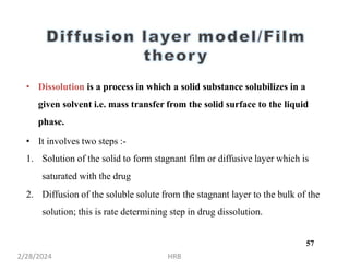 • Dissolution is a process in which a solid substance solubilizes in a
given solvent i.e. mass transfer from the solid surface to the liquid
phase.
• It involves two steps :-
1. Solution of the solid to form stagnant film or diffusive layer which is
saturated with the drug
2. Diffusion of the soluble solute from the stagnant layer to the bulk of the
solution; this is rate determining step in drug dissolution.
2/28/2024 HRB
57
 