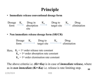 Principle
• Immediate release conventional dosage form
Dosage Kr
form
Drug in
absorption
site
Ka Drug to Ke
target site
Drug
elimination
• Non immediate release dosage form (SR/CR)
Dosage Kr
form
Drug to Ke
target site
Drug
elimination
Here, Kr = 1st order release rate constant
Ka = 1st order absorption rate constant
Ke = 1st order elemination rate constant
The above criteria i.e. (Kr>Ka) is in case of immediate release, where
as in non immediate (Kr<Ka) i.e. release is rate limiting step. 9
2/28/2024 HRB
9
 