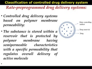 Classification of controlled drug delivery system
• Controlled drug delivery systems
based on polymer membrane
permeability:
• The substance is stored within a
reservoir that is protected by
polymer membrane having
semipermeable characteristics
with a specific permeability that
regulates overall delivery of
active molecule
•
Rate-preprogrammed drug delivery systems:
 