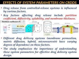 EFFECTS OF SYSTEM PARAMETERS ON CRDDS
• Drug release from controlled-release systems is influenced
by various factors.
• Key factors affecting drug release include partition
coefficient, diffusivity, solubility, and membrane thickness.
• Different drug delivery systems (membrane permeation,
matrix diffusion, hybrid, microreservoir) have varying
degrees of dependence on these factors.
• The study emphasizes the importance of understanding
these system parameters for effective drug delivery system
design.
 