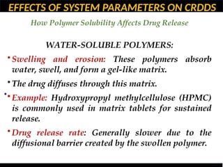 EFFECTS OF SYSTEM PARAMETERS ON CRDDS
How Polymer Solubility Affects Drug Release
•
WATER-SOLUBLE POLYMERS:
• Swelling and erosion: These polymers absorb
water, swell, and form a gel-like matrix.
• The drug diffuses through this matrix.
• Example: Hydroxypropyl methylcellulose (HPMC)
is commonly used in matrix tablets for sustained
release.
• Drug release rate: Generally slower due to the
diffusional barrier created by the swollen polymer.
 