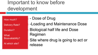 Important to know before
development
How much?
Delivery Rate?
Duration?
What
Bioavaliability?
At which site?
 - Dose of Drug
 -Loading and Maintenance Dose
 Biological half life and Dose
Regimen
 Site where drug is going to act or
release
 