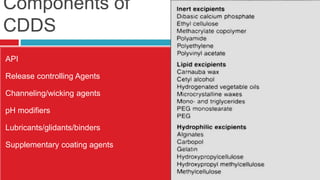 Components of
CDDS
API
Release controlling Agents
Channeling/wicking agents
pH modifiers
Lubricants/glidants/binders
Supplementary coating agents
 